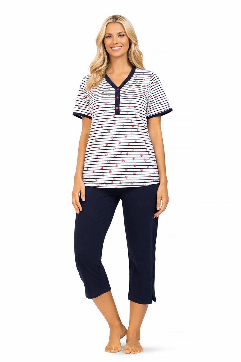 Comtessa Dames Pyjama – Gestreept – 7/8 Broek – 100% Katoen Gestreept, Donkerblauw, Wit