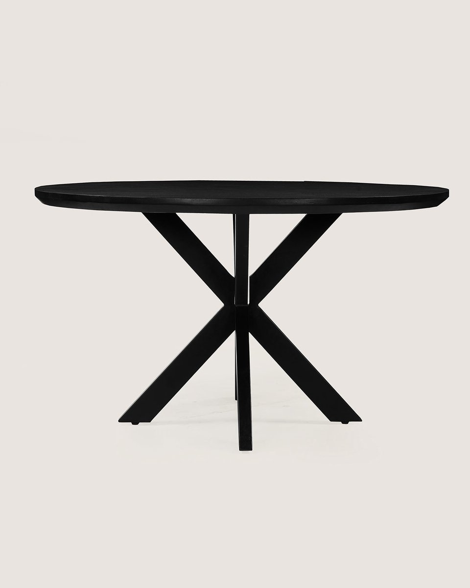 Ronde Eettafel 110 cm Mangohout – Zwart – Zwart Metalen Matrix Onderstel – Elegant Chic – 4 Personen