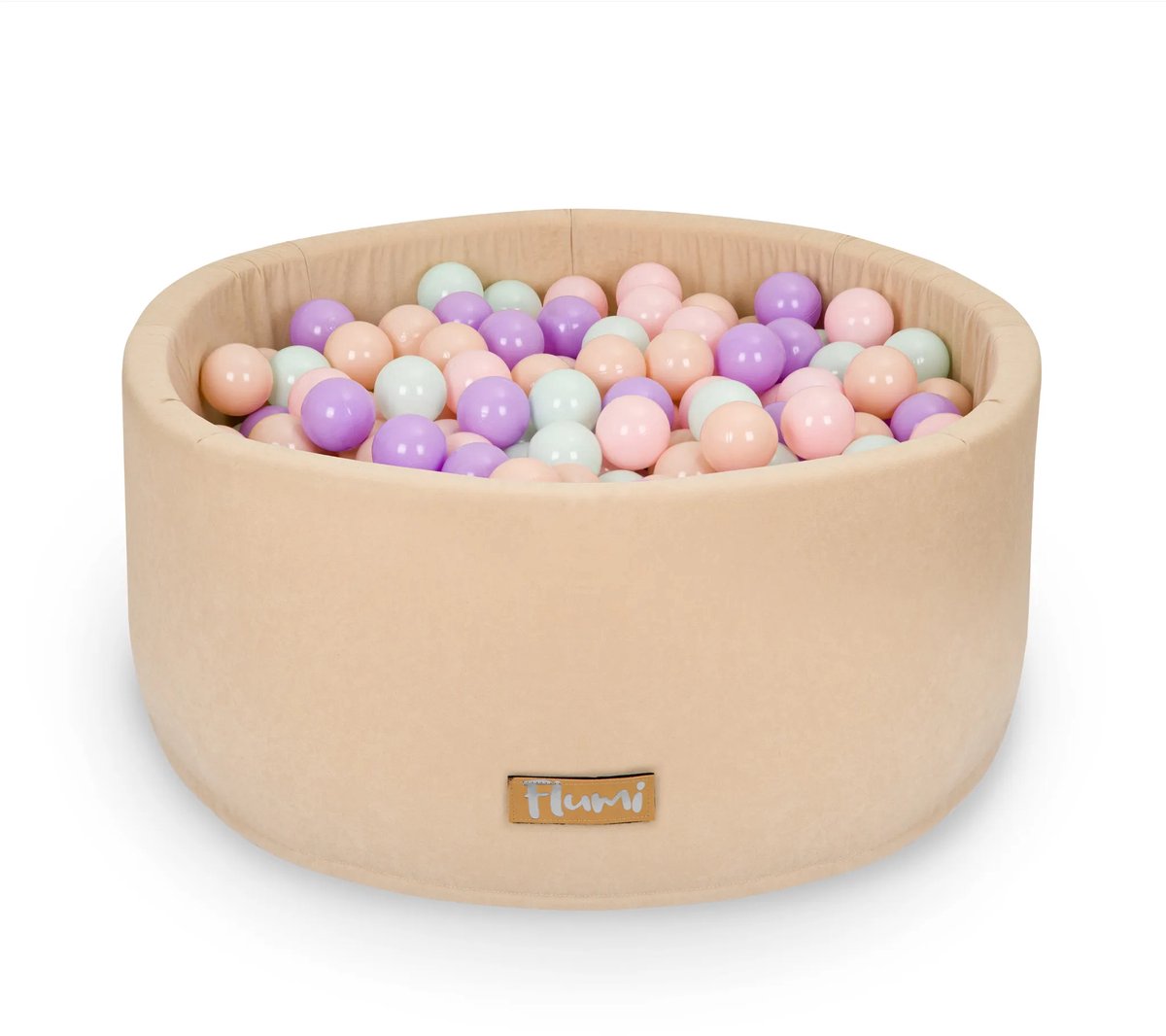 Flumi - Schuim Kinder Ballenbad - Inclusief 200 Ballen - Afneembare Hoes - Beige met Paarse, Mintgroene en Perzikkleurige Ballen