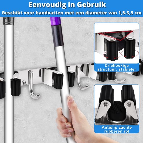 Bezemhouder Set van 2 Krachtige Grip en Ruimtebesparend - Gereedschapshouder Wand Voor Tuingereedschap en Schoonmaakartikelen - 8 Houders en 6 Haken - Zelfklevend en Schroefmontage in RVS Zilver van Merkloos	 — afbeelding 5