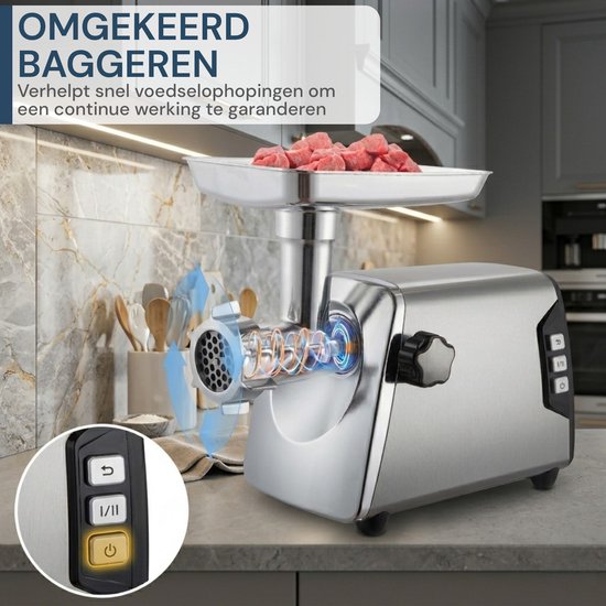 Vleesmolen – Professionele Elektrische Gehaktmolen 2000W – Volledig Metalen Motor RVS – 2 Snelheden – gehaktmolen vlees Voor Alle Soorten Vlees – Royal Swiss® — afbeelding 5