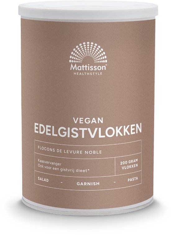 Bruine blik met Mattisson logo, "Vegan Edelgistvlokken" en "Flocons de Levure Noble".