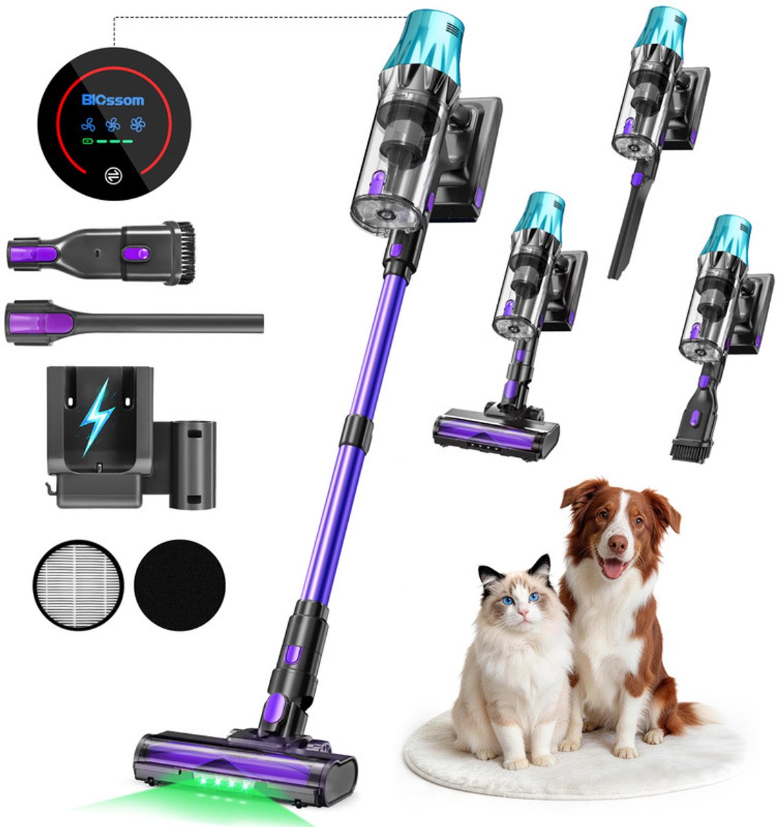 BLOSSOM Steelstofzuiger Draadloos - 600W - Kruimeldief - 55kPa Zuigkracht - Tot 65 Min Accuduur - Groene Laser - HEPA Filter - zonder zak - Blauw/Paars