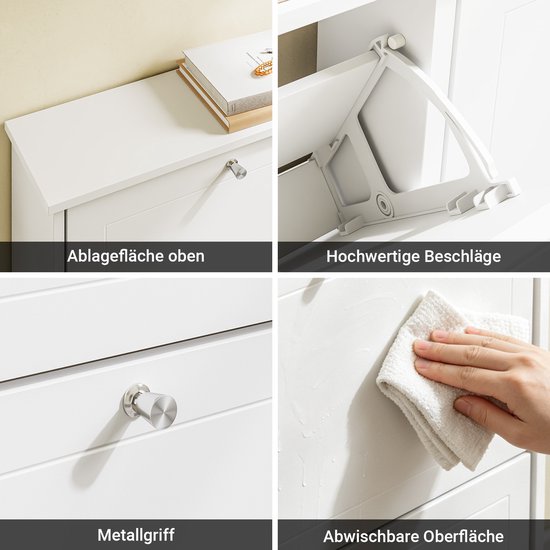 Details van witte schoenenkast: bovenblad, scharnier, metalen handvat en afneembare oppervlakte.