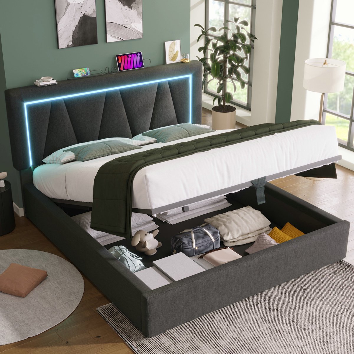 VVBV Bed met opbergruimte 160x200 / Tweepersoonsbed 160x200 – Grijs – met LED-Verlichting, USB, USB-C, Stopcontact, Lattenbodem – Tienerbed – Linnen
