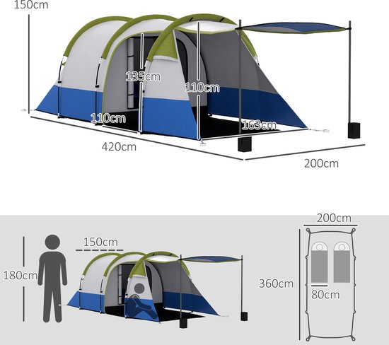 Kampeertent - 3 Persoons Tent - Met 3 Ingangen En Lantaarnhaak - Waterdicht Tot 2000mm - Voor Camping En Outdoor - Groen van Merkloos — afbeelding 5