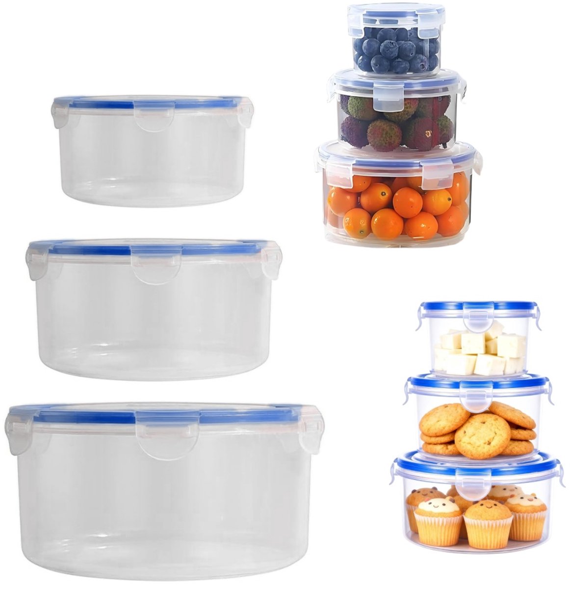 3 stuks Voedselcontainers - Snackpot - Opbergdoos - Afgesloten fruitdoos - Magnetronbestendige lunchbox - Lekvrije container - Ronde lunchbox - Met gespdeksel - Geschikt voor fruit, yoghurt, snacks, koekjes (verschillende maten - transparant)