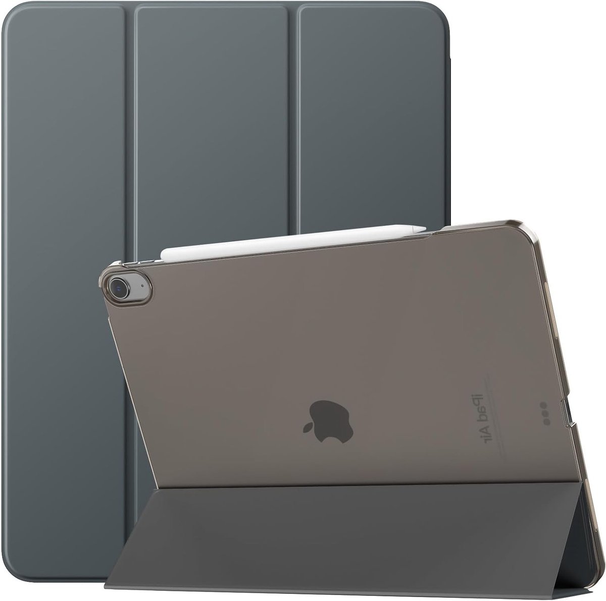Slanke standhoes voor iPad Air 13 inch, ondersteunt Touch ID, automatisch wekken/slapen, Smart Shell met doorschijnende achterkant, grijs (space gray)