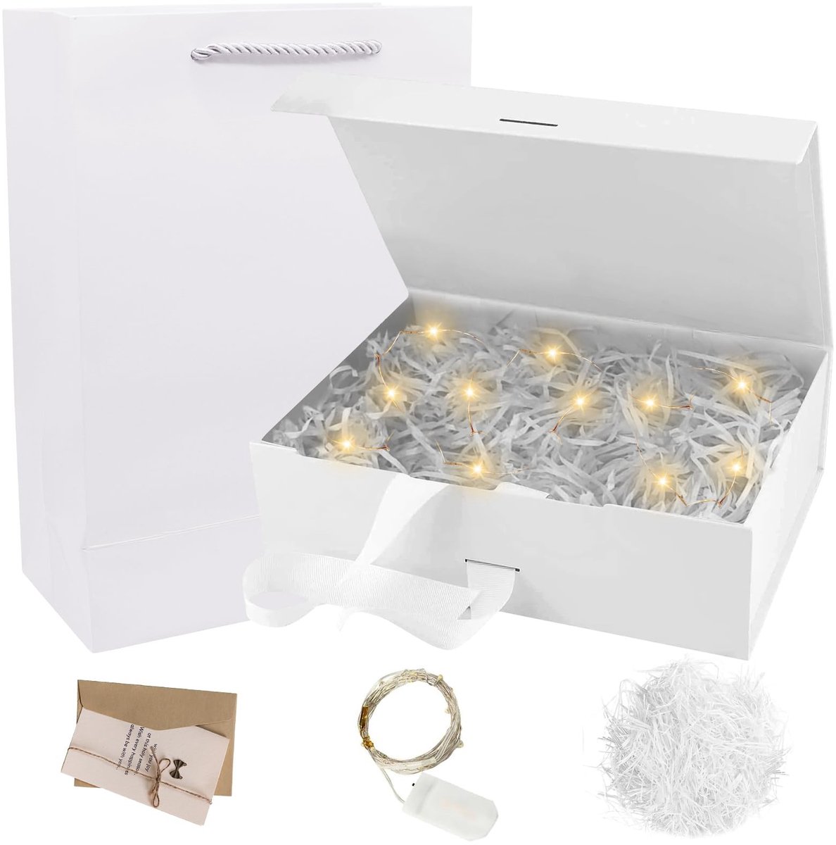 Allecto - Cadeaudoos met deksel - Opvouwbare cadeaudoos bruiloft - Magnetische doos met strik - 23 x 17 x 7 cm - LED-lampjes - Perfect voor kerst e...