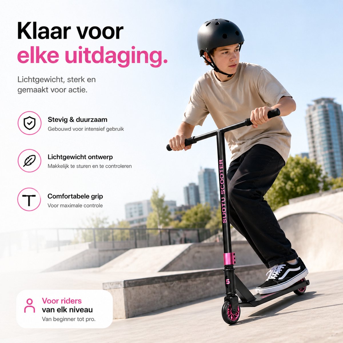 Suotu Stuntstep - Step - Kinderstep - Speelgoed Jongens/Meisjes - Maximale stuurhoogte: 78 cm - Aluminium - buitenspeelgoed - Zwart/Roze — afbeelding 2