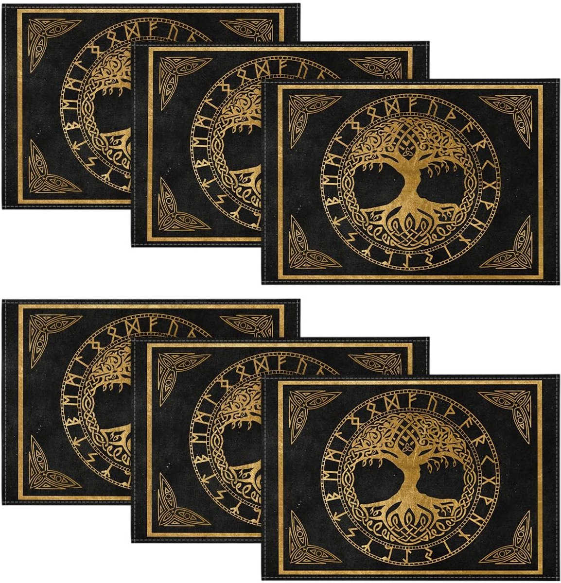 Allecto - Gouden Viking Futhark Placemats - Wasbaar - 30 x 45 cm - Decoratie - Antislip - Geschikt voor Feest en Keuken - Zwart/Goud