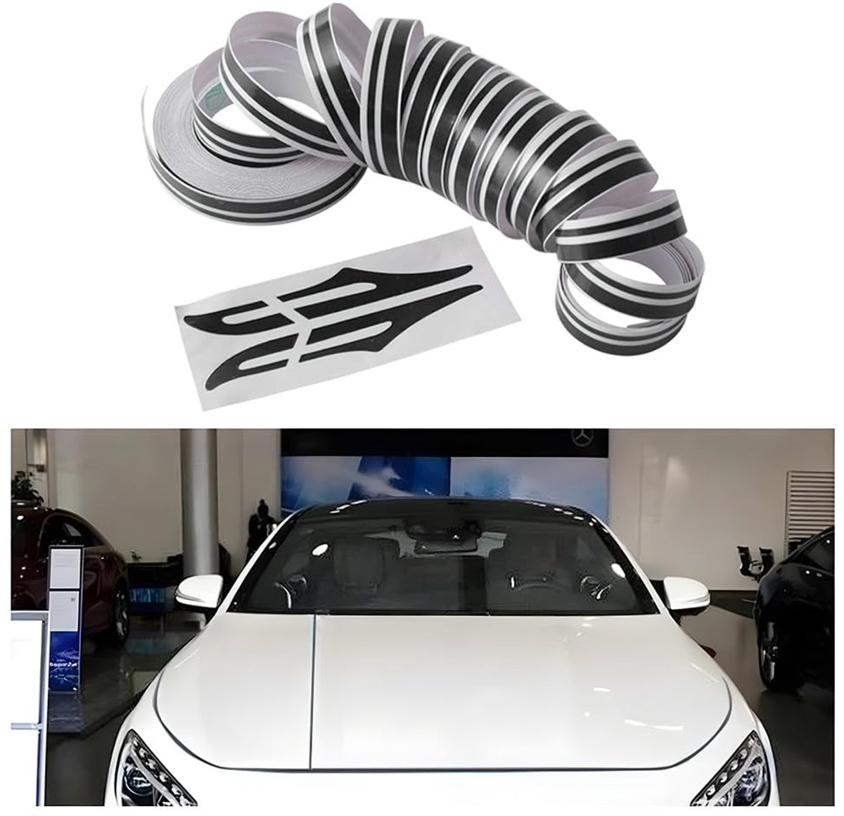 Allecto - Auto motorkap strip sticker - Racing sticker - Waterdicht - Zwart - Decoratie sticker - Voor auto en voertuigen - Universele pasvorm