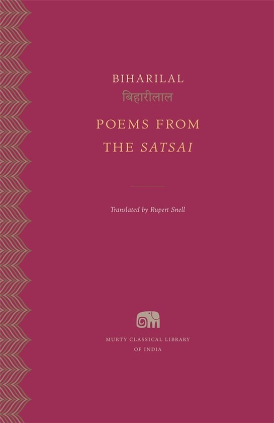 Boek "Poems from the Satsai" door Biharilal, vertaald door Rupert Snell, met een gouden olifant logo en decoratieve rand.