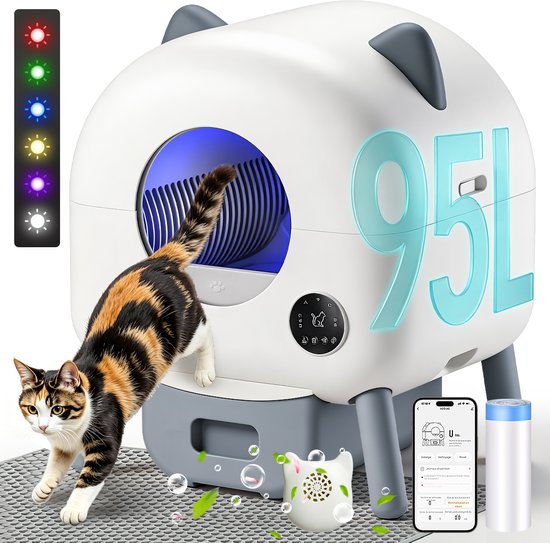Zelfreinigende Automatische Kattenbak 95L met App, Veiligheidssensoren, Stil, voor Meerdere Katten