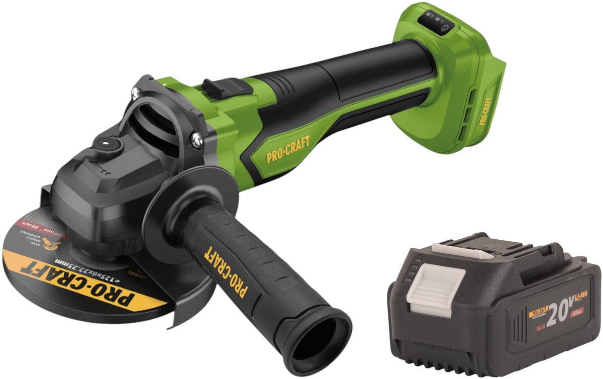Procraft PGA22-BB accu haakse slijper 20 V 125 mm borstelloos + 1x accu 4,0 Ah - zonder oplader