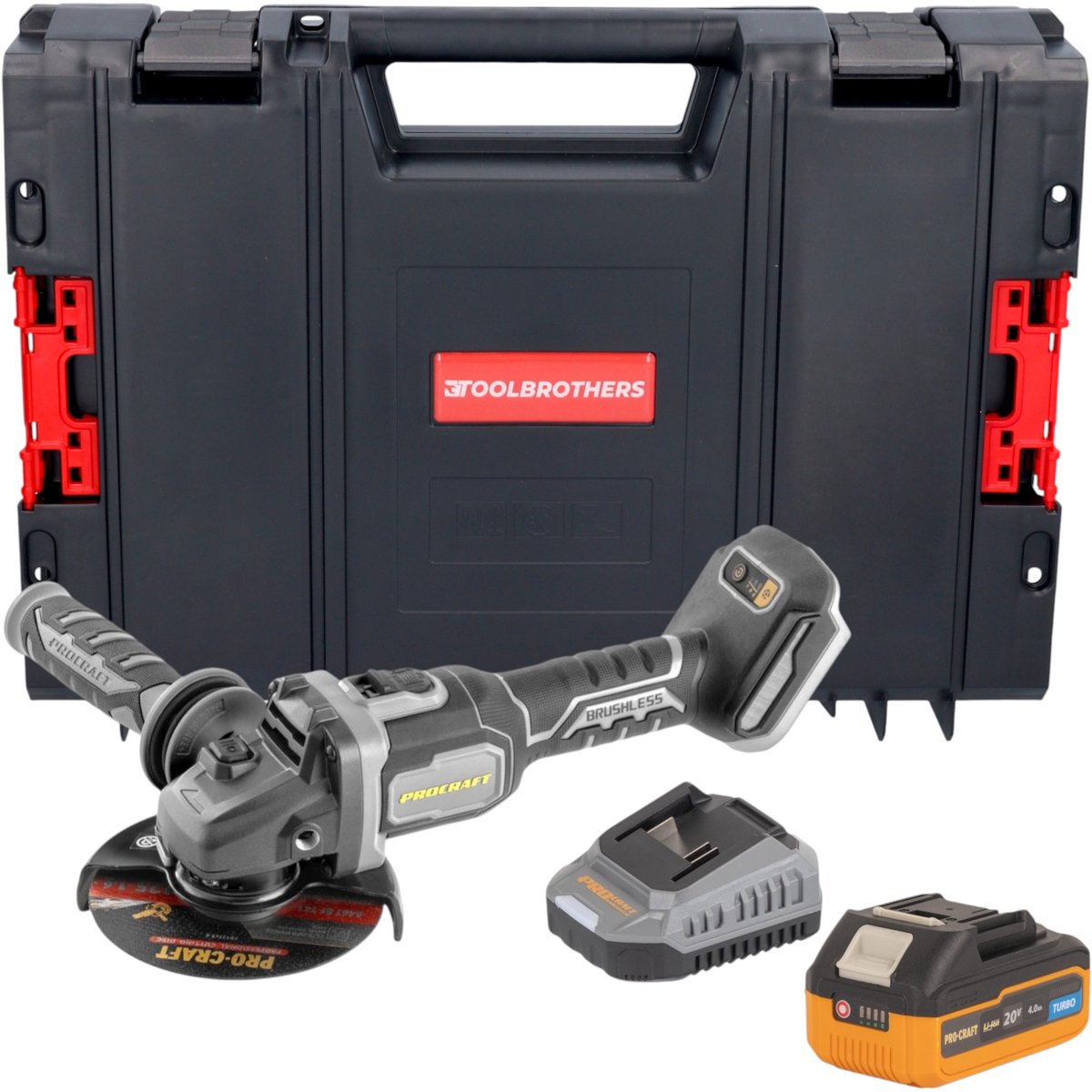 Procraft Industrial AG125Bbb accu haakse slijper 20 V 125 mm borstelloos + 1x accu 4,0 Ah + oplader + RHINO Toolcase