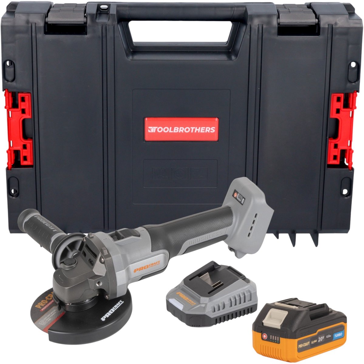 Procraft Industrial AG125Abb accu haakse slijper 20 V 125 mm borstelloos + 1x accu 4,0 Ah + oplader + RHINO gereedschapskoffer