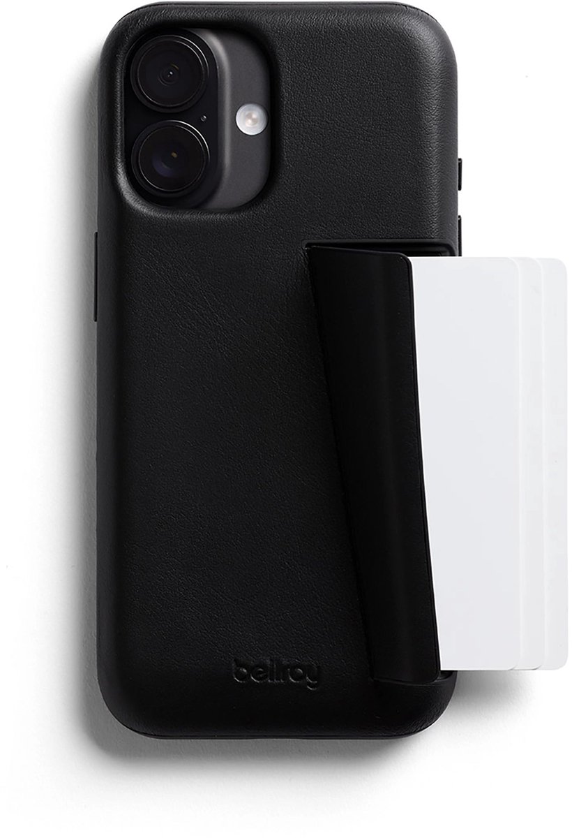 Bellroy 3 Card Portemonnee Hoesje iPhone 17 – Opslag voor 3 Kaarten – Functie als Telefoonstandaard – Reserve SIM-kaartsleuf - Zwart