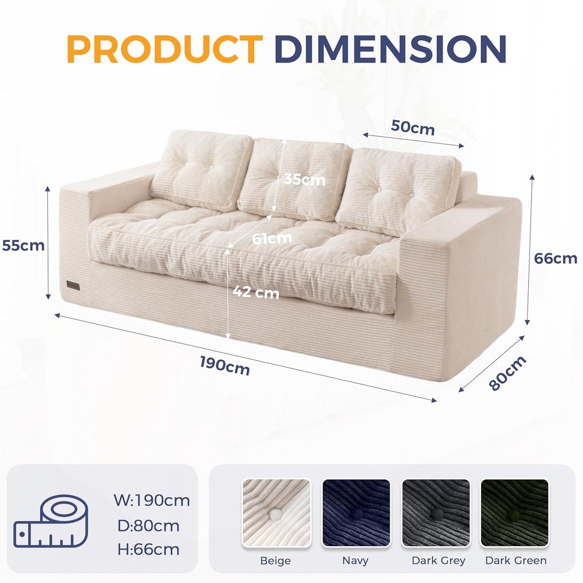 3-zits bank corduroy zitzak sofa 190x85x75 cm – luxe loveseat zonder montage, schuimvulling, gecapitonneerd design, armleuningen & bekerhouder – crème kleur – HomebyNicole