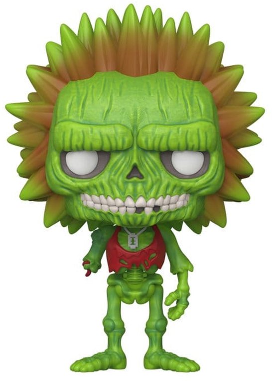 Groene zombie met uitstekende botten, geeloranje stekelhaar en rode tanktop.