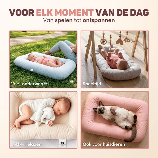 Vier afbeeldingen: baby in lichtblauw nestje buiten, baby in grijs nestje tijdens speeltijd, baby in crèmekleurig nestje slapend, kat in roze nestje.