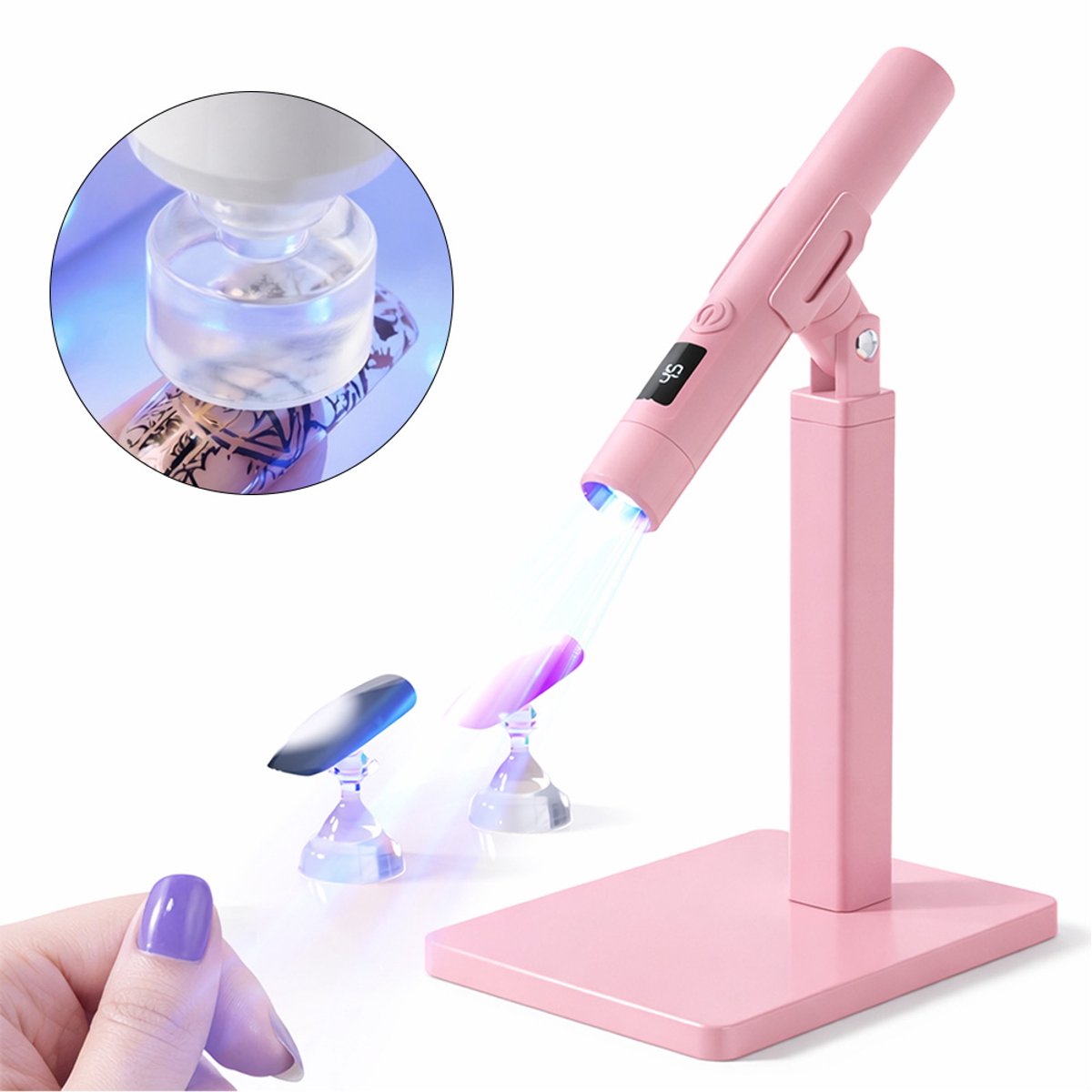 Mini Nagellamp met Standaard - Handsfree UV LED Lamp voor Gelnagels - Beschermt Handen tegen UV - Sterke Focus - Met Timer 45s/60s & Digitaal Display - Draagbare Nageldroger - roze