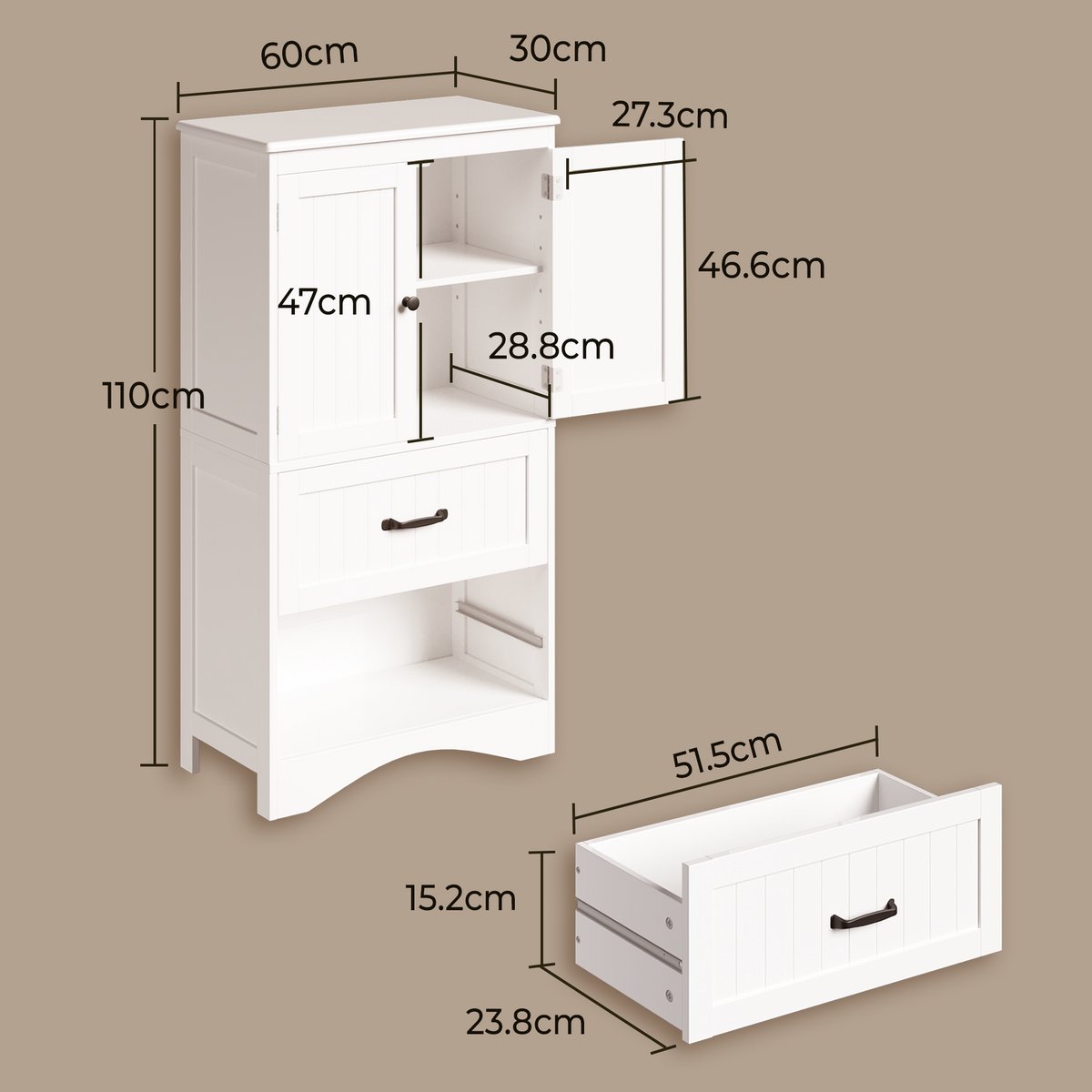 Xbro Keukenkast Vrijstaand met Verstelbare Planken – Met 2 Lades en 2 Deuren – Opbergkast – Voor Keuken, Eetkamer of Wasruimte – 60 x 30 x 110 cm – Wit — cadeau in Cadeau-ideeën - foto 8
