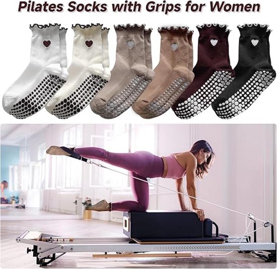 6 Paar - Dames Ruche Antislip Yoga Gripsokken - Antislip sokken - Zachte Ademende Sokken - Met Hartjes Borduurwerk - Katoen - Voor Binnen Gebruik, Pilates, Ballet & Fitness - 6 Warme Kleuren van Merkloos — afbeelding 4