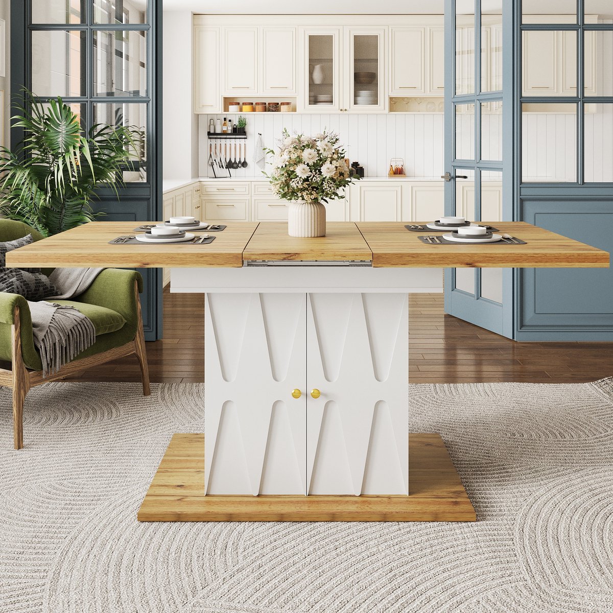 KOMHTOM BLACKCOLORS Eettafel, tafel met reliëfpatroon, uitschuifbare tafel voor keuken & woonkamer, 110(140)x70x76,5 cm, met houtfineer & reliëfdecor Wit