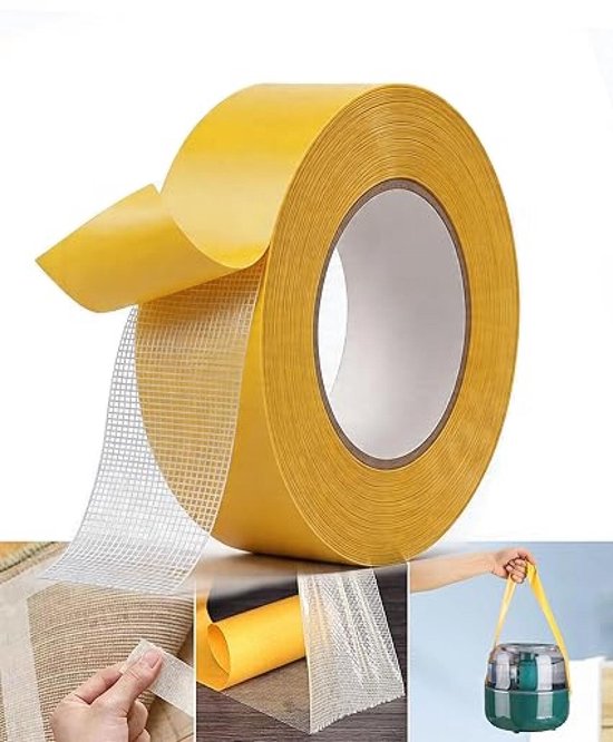 Rol dubbelzijdig tape met gele beschermlaag. Onderkant met witte rasterstructuur. Collage toont applicaties.