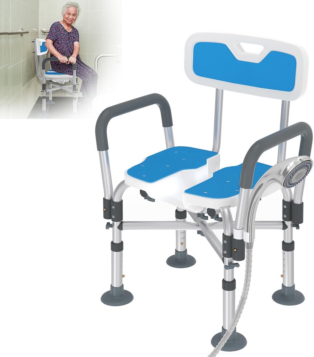 Douchestoel met Armleuningen - Badkamer Hulpmiddel - Veilig Douchen - Extra Stabiel Aluminium - Tot 200 kg - Wit Grijs