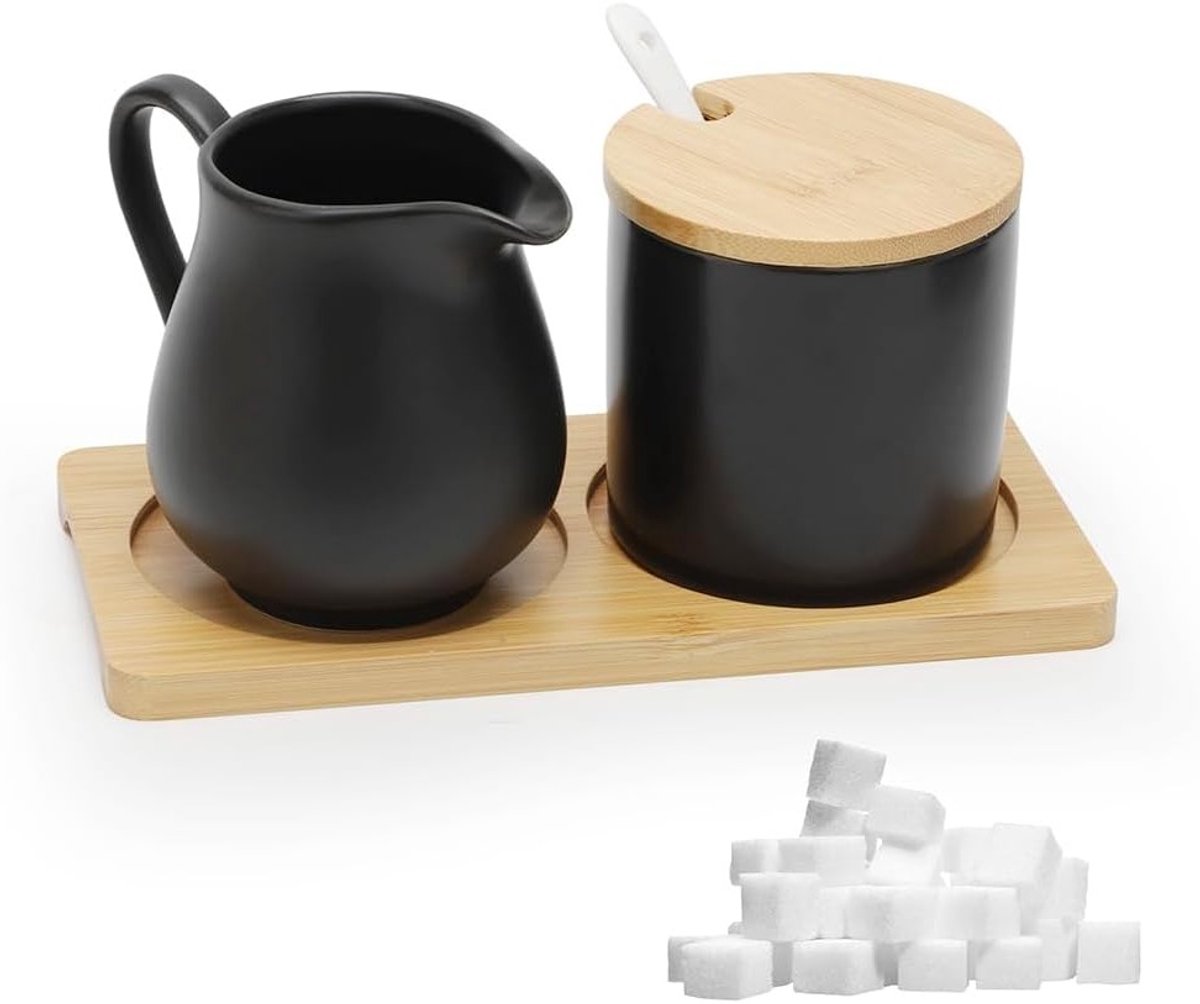 Set van 5-delige keramische melkkan en suikerpot met houten tablet, ideaal voor koffie en keuken, vaatwasser- en magnetronbestendig