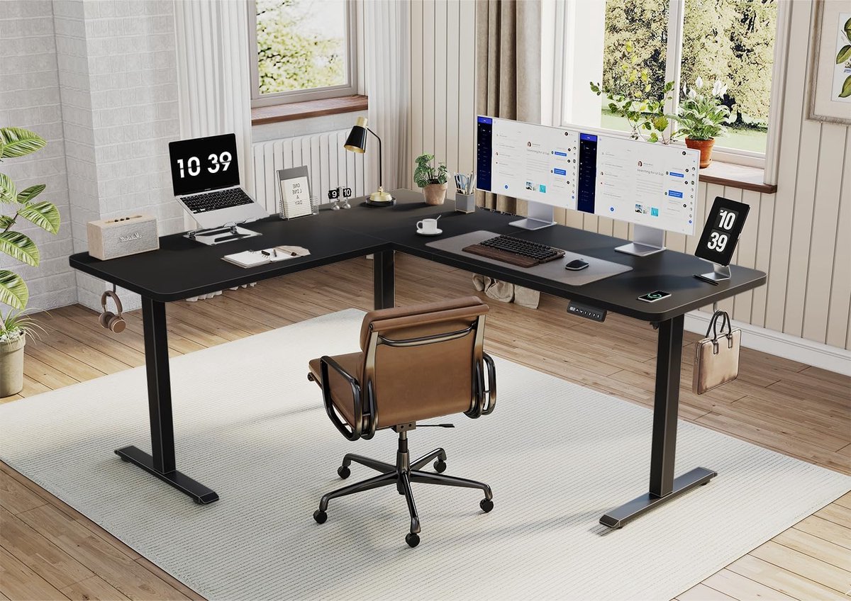 Elektrisch Verstelbaar Hoekbureau L-vorm 160x140 cm - Ergonomisch Zit-Sta Bureau met Geheugenfunctie, Kabelmanagement, Monitorstandaard en Anti-Botsingssysteem - Zwart - Mobili Bella
