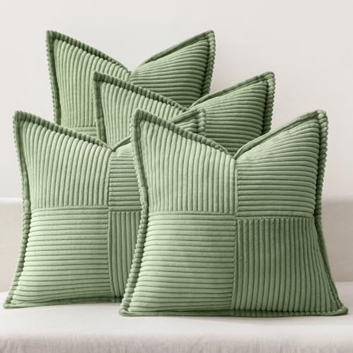 PromoHome Corduroy kussenhoezen set van 4 - Patchwork kussenslopen 40x40 cm - Zachte decoratieve kussenslopen voor bank, woonkamer, slaapkamer - Groen