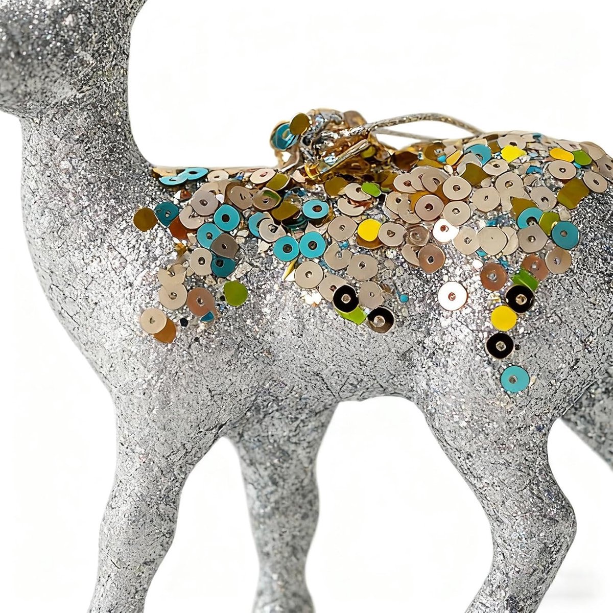Kerstbeeldje Rendier - Vakantie decoratie - Huis versieren - Gevlokt met glitter - 15 x 7 cm - Zilver – foto 4