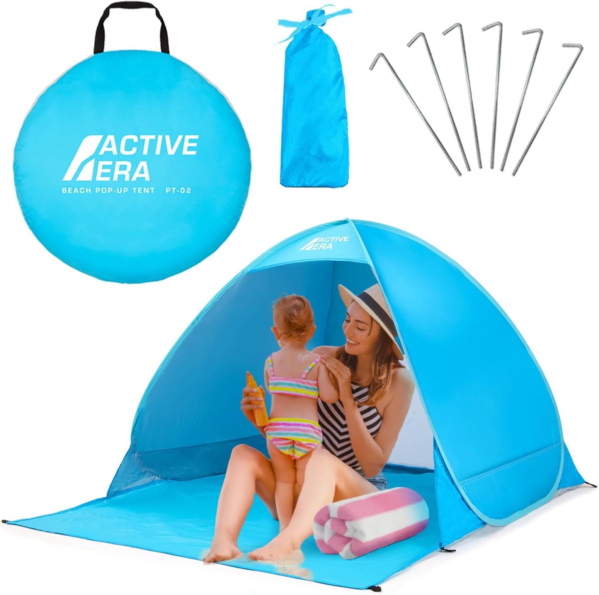 Pop-up strandtent - UPF 50+ - Bescherming tegen UV-stralen van de zon - Inclusief draagtas - Haringen