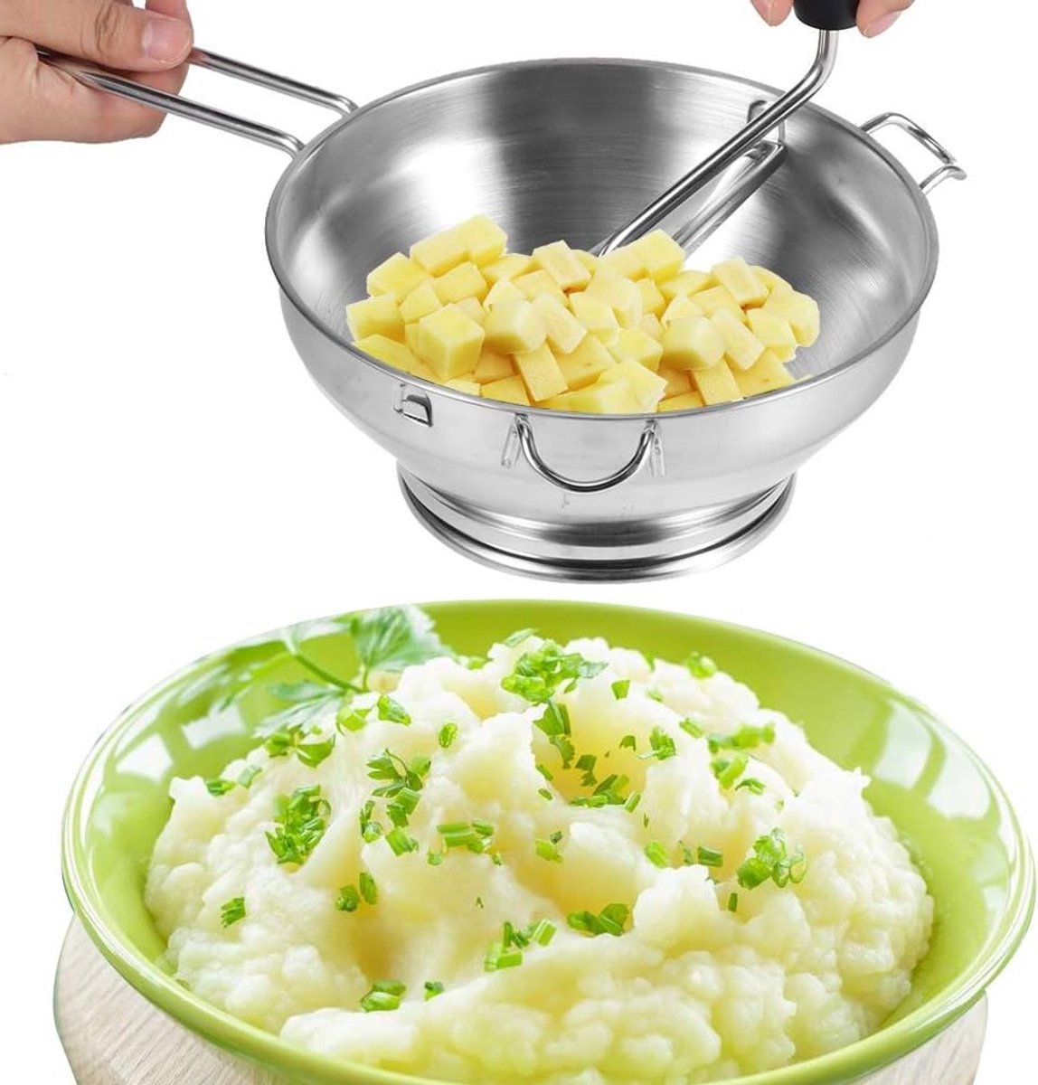 Handmatige Multifunctionele Voedselmixer van RVS voor Salades, Groenten en Fruit, Eenvoudig te Gebruiken en Reinigen, Verwisselbare Schijven voor Diverse Texturen en Toepassingen