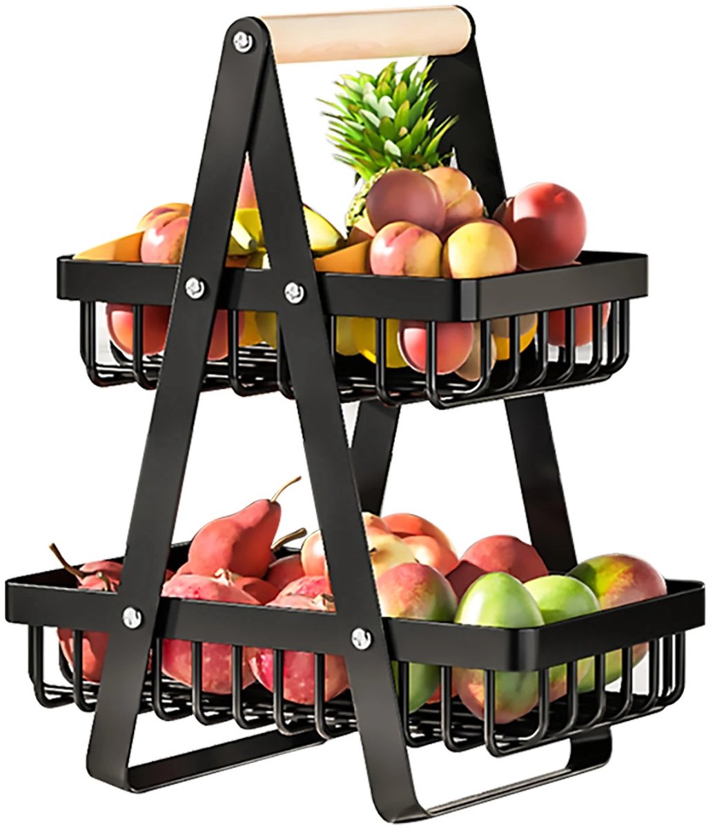 Geargalaxy 2-Laags Fruitmand - Fruitschaal - Mand - Fruitbak - Keuken Organizer - Afneembare Fruithouder - 37.5x21x17.5cm - Zwart