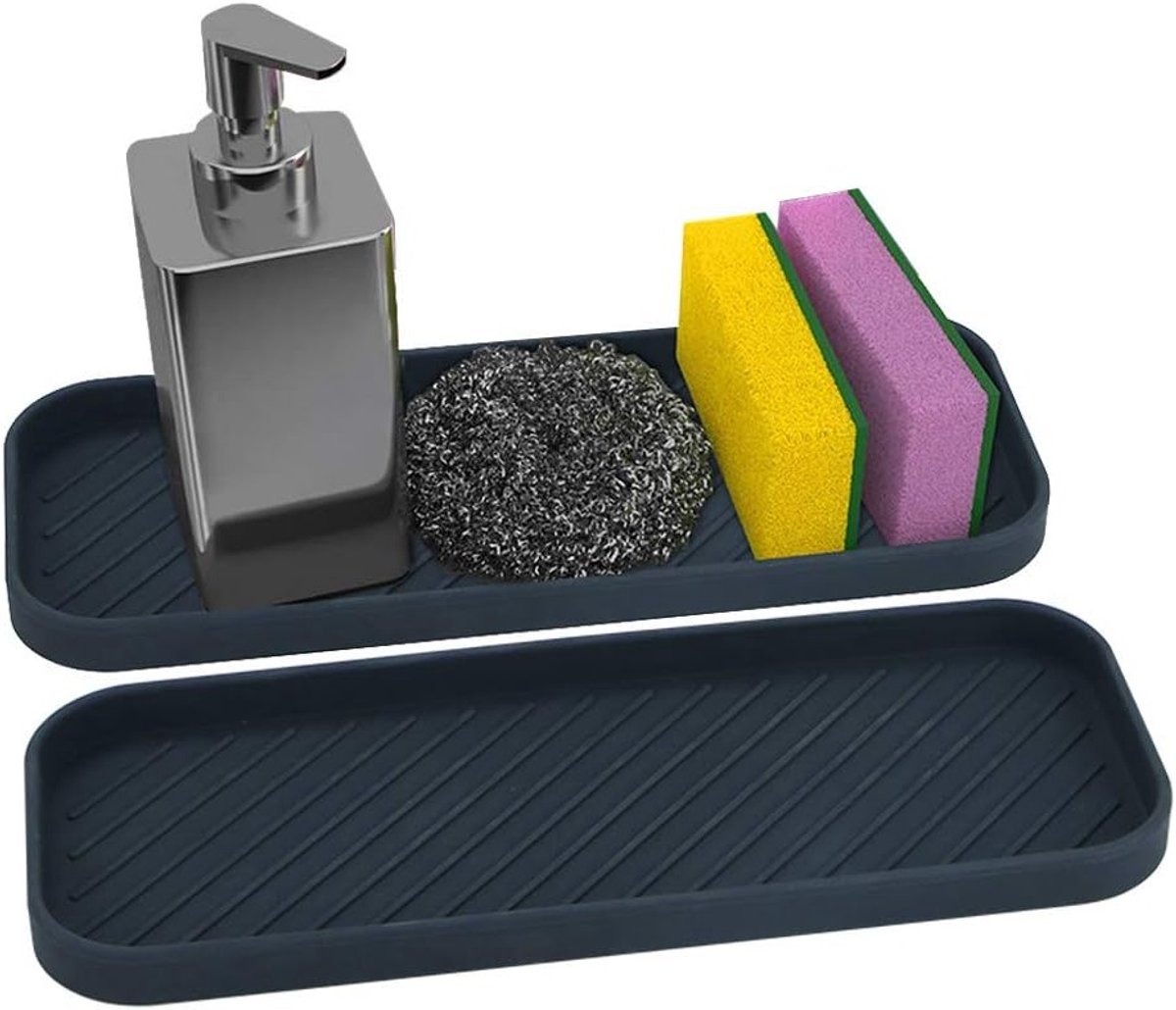 Keuken Caddy Organizer voor de Gootsteen - Silicone 2 Stuks - Ruimtebesparende Tray voor Spons, Zeep en Schoonmaakmiddelen - Zwart