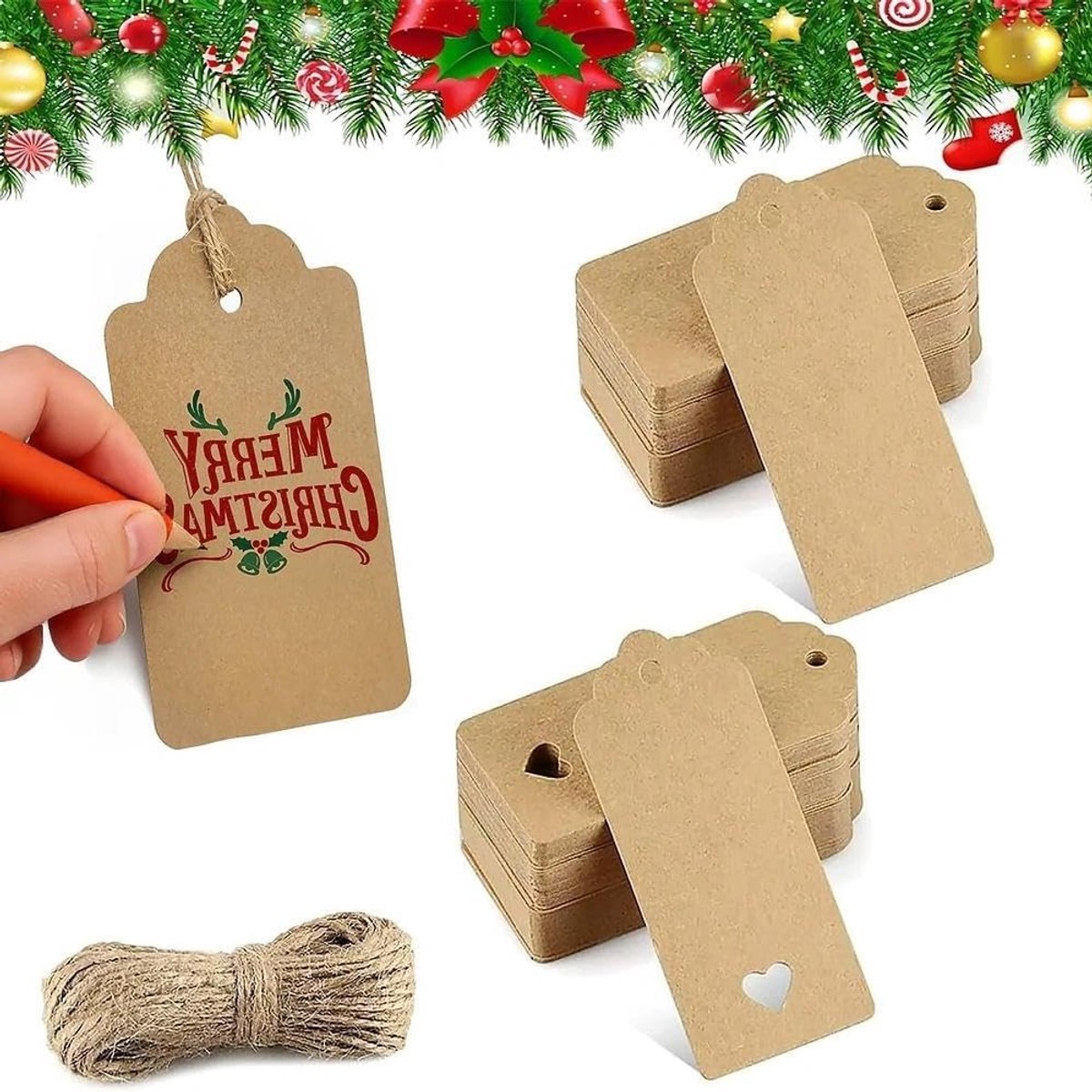 Set van 100 kraftpapier cadeaukaartjes voor schrijven, ideaal voor cadeaus, bruiloften en festivals, met touw voor eenvoudig gebruik.