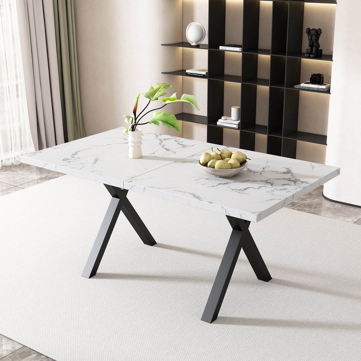 MODENUIT Eettafel - Rechthoekig Met Kruispoten - Voor Eetkamer Of Woonkamer - Wit Marmerlo