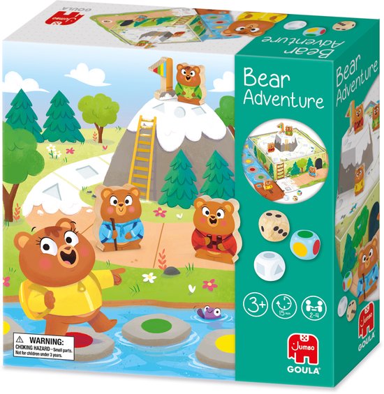 Doos van het bordspel 'Bear Adventure' met berenfiguren, een berg en bos. Tekst: 'Bear Adventure'.