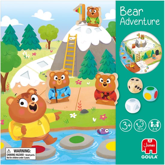 Doos van het bordspel 'Bear Adventure' met berenfiguren, een berg en bos. Tekst: 'Bear Adventure'.