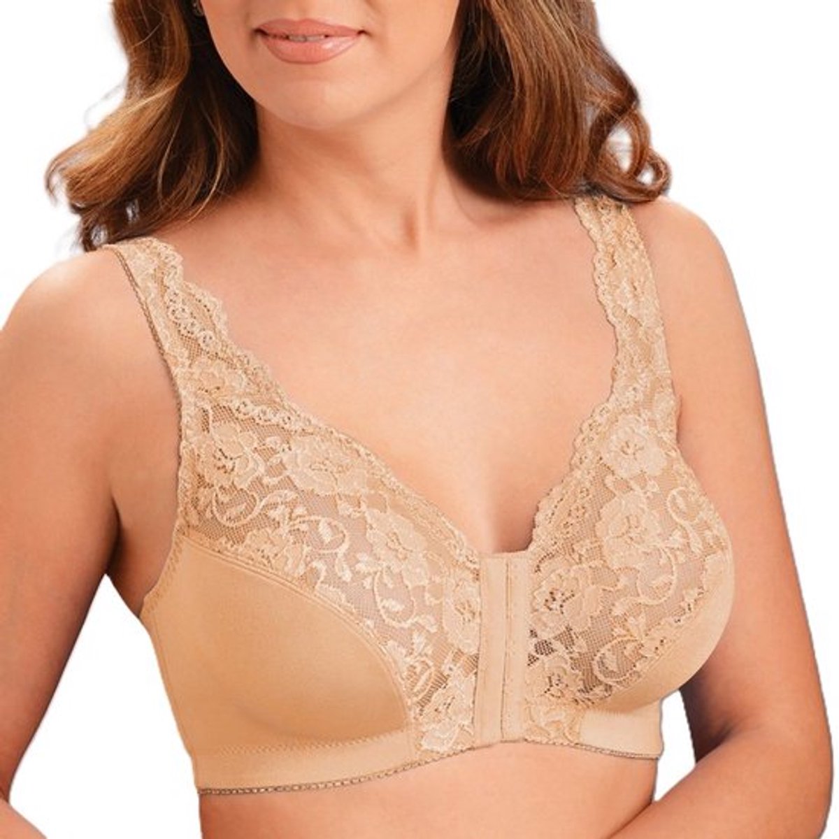 Comfortabele Push Up BH - Maat L - BH met voorsluiting - BH zonder Beugel - Comfort BH - Onzichtbare BH - Ondersteunende BH - Beige - LOUZIR