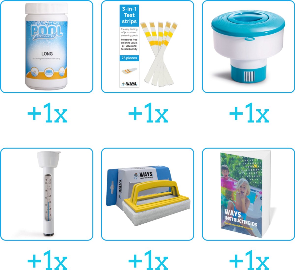 Zwembad Onderhoudspakket - Onderhoud Zwembad - bevat Chloor - Testrips - Chloordrijver - Thermometer - Scrubborstel en Zwembadgids (6-delig)