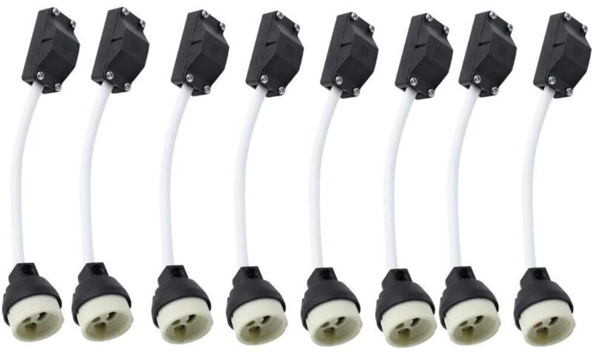 Verpakking van 10 keramische GU10-lamphouders geschikt voor kabelaansluitingen, 2A 250V. De GU10-fitting is geschikt voor lamphouders geschikt voor geïsoleerde kabels en is geschikt voor GU10 LED-lampen, spaarlampen, halogeenlampen en inbouwspots.