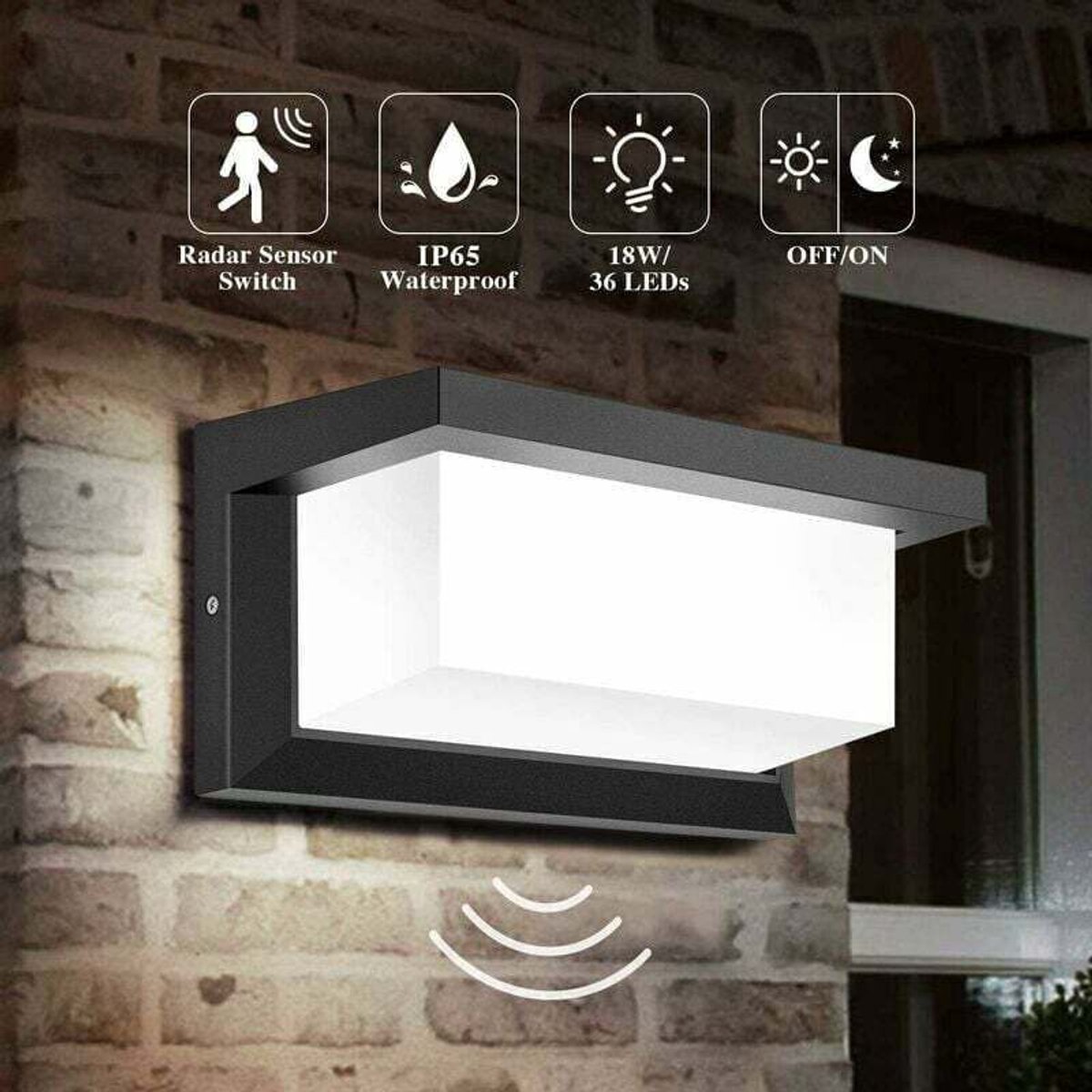 LED-buitenwandlamp geschikt voor bewegingssensor, 18W buitenverlichting, waterdicht, vierkante radarsensor, geschikt voor terrassen, balkons, garages, studio's (koel wit licht).