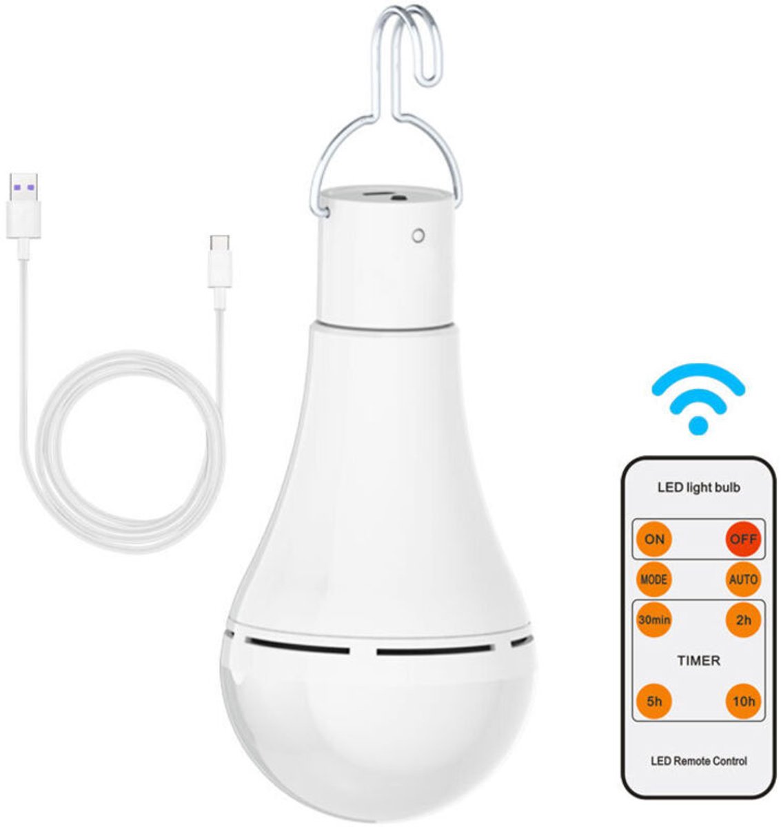 USB-oplaadbare lamp geschikt voor afstandsbediening, 7W LED, aanraakgevoelige dimbare E27-fitting, timer en haakgeschikt voor noodgevallen op de camping.