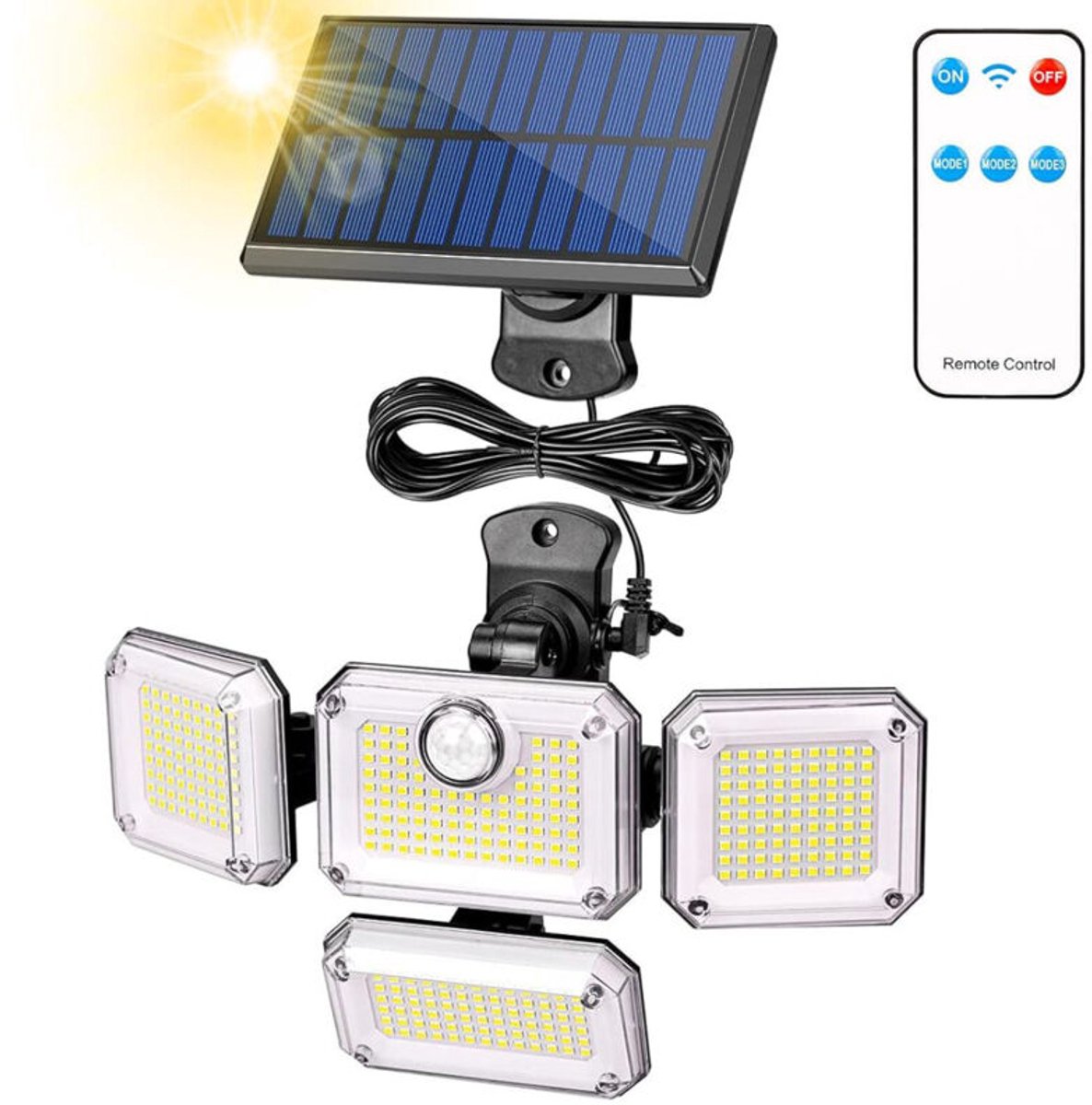 Waterdichte buitenspot op zonne-energie [333 LED's/3 standen], geschikt voor afstandsbediening en 5 geschikt voorer kabel, stralingshoek van 240°.