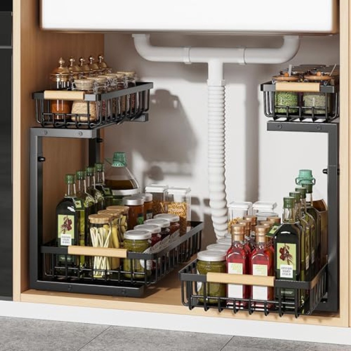 PromoHome Onder Gootsteen Opbergrek 2 Stuks - Uittrekbare Keukenorganizer met Verstelbare Hoogte - Metalen Kastplank voor Badkamer, Keuken (Zwart)